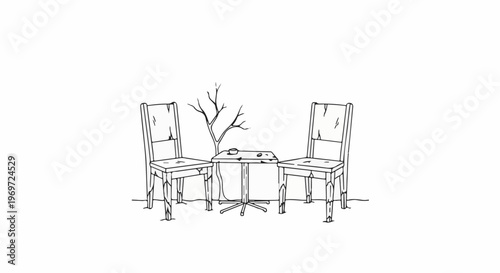 Minimalist illustration of two chairs and a small table with a bare tree