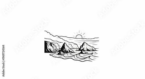 Line drawing of a rocky coastline with waves and a setting sun
