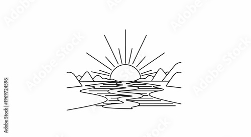 Minimalist line art depicting a sun rising over mountains and a reflective body of water