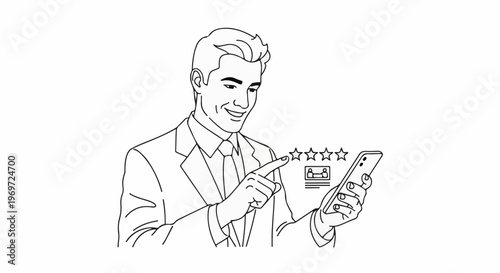 Man in suit using smartphone, rating service with stars and icon