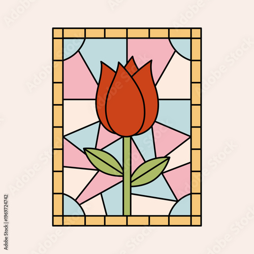 Colouful stained glass rectangular window with geometric tulip ornament. Abstract groovy border with flower engraving. Outline frame with minimalist botanical design. Vector graphic
