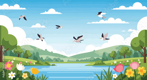 Beautiful Spring Landscape with Flying Birds and Colorful Flowers by the Lake