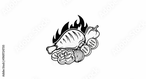 Grilled chicken leg with vegetables and flames