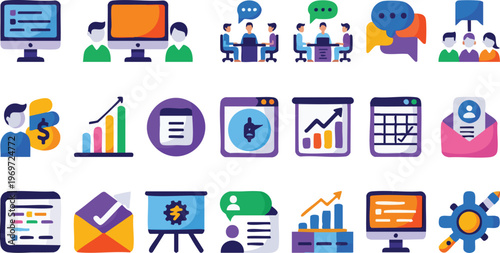 A modern and vibrant business and office vector icon set designed in a colorful flat style. This collection includes icons representing office workspace, teamwork, business meetings, communication.