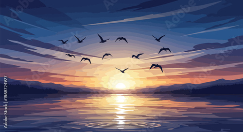 Flock of birds flying over a serene lake at sunset