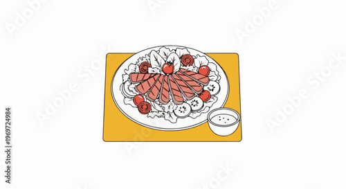 Grilled meat slices with cherry tomatoes and cucumber on lettuce