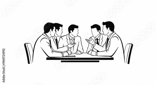Five men in suits sit around a table, engaged in discussion