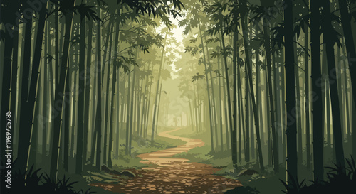 Serene Bamboo Forest Path with Soft Sunlight and Misty Atmosphere