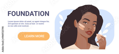 Foundation makeup application woman beauty routine skincare face closeup sponge leaves pastel background website banner