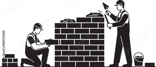 Construction Workers Building Brick Wall: Professional Masons Masonry Silhouette Vector Icon