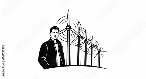 Man stands beside a line of wind turbines generating clean energy