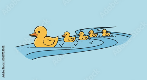 Five yellow ducks swimming in a line on a blue wavy river