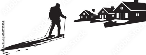 Backcountry Skier and Winter Cabin Village Silhouette - Mountain Nordic Skiing Vector