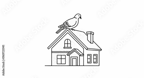 Minimalist line art of a house with a bird perched on its roof