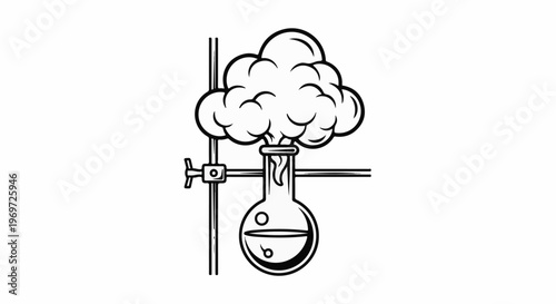 Flask with bubbling liquid and smoke rising, held by stand