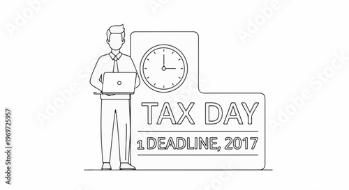 Man with laptop near TAX DAY sign with clock and deadline