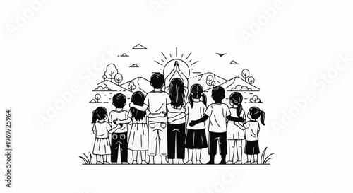 Group of diverse children and adults embrace in front of a serene landscape