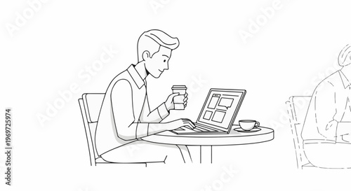 Man working on laptop with coffee at cafe table, another person visible
