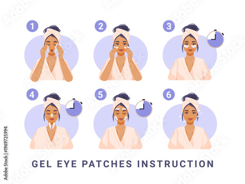 Gel eye patches skincare routine woman applying under eye masks step by step facial self-care beauty treatment towel wrap pastel colors clean background