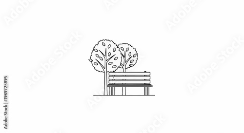 Minimalist line art of a park bench nestled between two trees