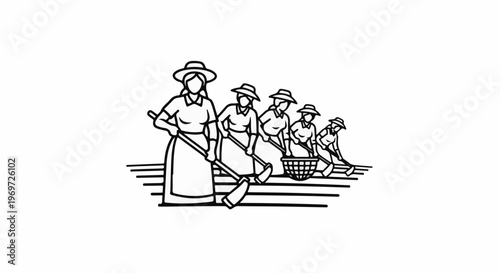 Five women in hats and aprons work together using tools