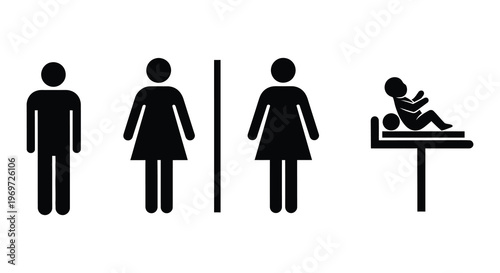 Public restroom signage depicting men women and accessible facilities
