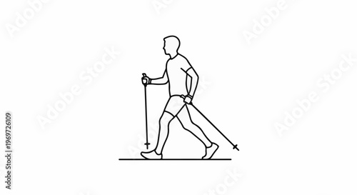 Minimalist line art of a person Nordic walking with poles