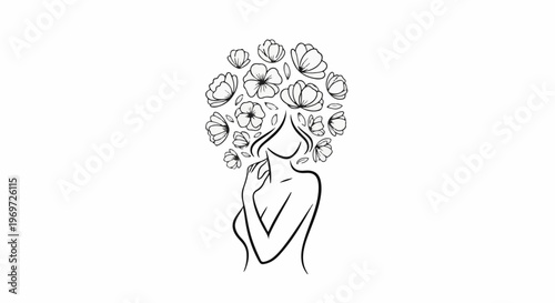 Minimalist line art of a person with flowers for hair