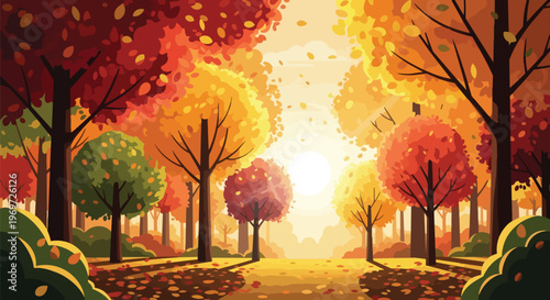 Autumn Forest Landscape with Golden Sunlight and Vibrant Fall Foliage