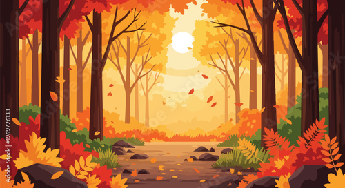 Autumn Forest Path with Vibrant Fall Foliage and Golden Sunlight