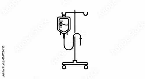 Medical IV drip stand with bag, tubing, and needle