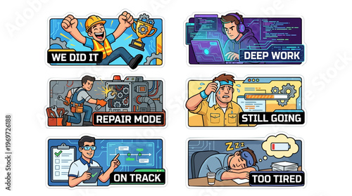 Work Progress Sticker Set for Project Management and Productivity Concept with We Did It Deep Work Repair Mode Still Going On Track and Too Tired for Professional Career Employee Daily Routine