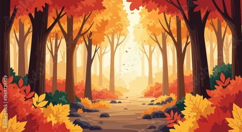 Autumn Forest Path with Vibrant Fall Foliage and Golden Sunlight