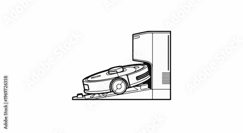 Minimalist line art of a robotic vacuum cleaner docking station