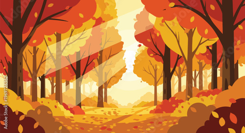 Beautiful Autumn Forest Landscape with Golden Sunlight and Falling Leaves