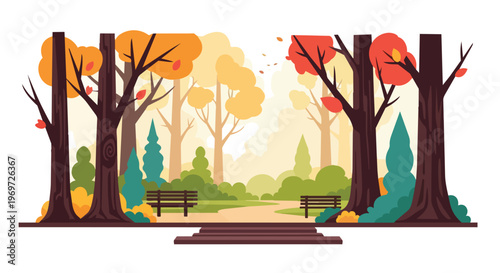 Autumn Park Landscape with Trees and Benches