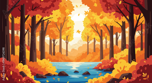 Autumn Forest Landscape with River and Colorful Fall Foliage
