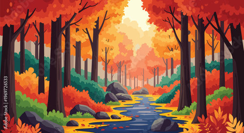 Vibrant Autumn Forest Landscape with Flowing River and Colorful Foliage Illustration