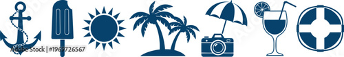 Summer vacation icons including anchor, popsicle, sun, palm trees, umbrella, camera, cocktail, and lifebuoy