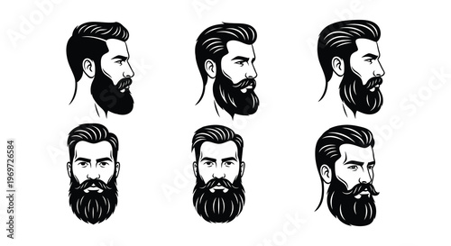 A collection of black and white illustrations depicting various beard styles
