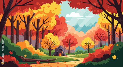 Autumn Forest Landscape with Cozy Cabin and Vibrant Fall Foliage