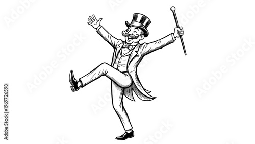 Vintage Gentleman Dancing with Top Hat and Cane Illustration