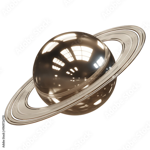 3d metallic saturn planet with rings isolated on transparent background