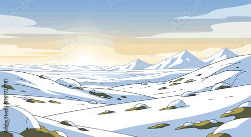 Vector Illustration of a Snowy Arctic Landscape at Sunrise