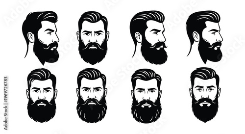 A collection of black and white illustrations depicting various beard styles