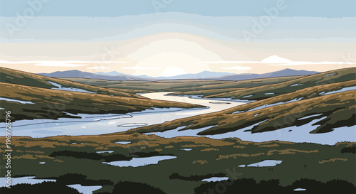 Scenic Arctic Tundra Landscape with Winding River at Sunset