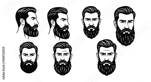 A collection of black and white illustrations depicting various beard styles