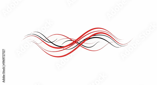 Flowing red and black lines create a dynamic, abstract wave pattern