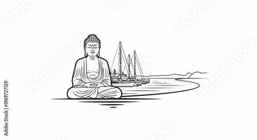 Meditating Buddha statue on a shore with sailboats and distant hills