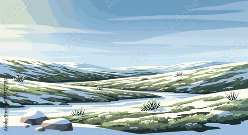 Winter Tundra Landscape with Snow Covered Rolling Hills and Frozen Ground